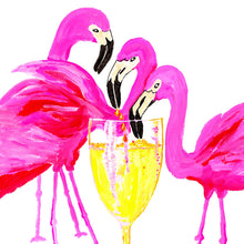 Load image into Gallery viewer, Three Flamingos In White Wine Art Print
