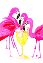 Load image into Gallery viewer, Three Flamingos In White Wine Art Print
